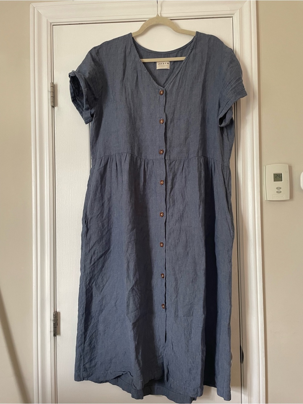 Offon Button-Front Denim Blue Linen Dress